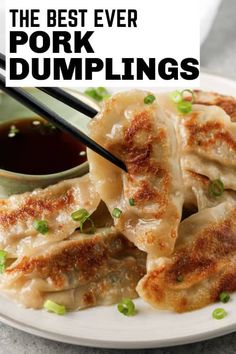 pork dumplings on a white plate with chopsticks