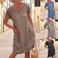 Trendy Fashion Womens Cotton Linen Short Sleeve Mini Dress Summer Casual Ladies Loose Dresses, Womens Dresses Mini Dress Summer Casual, Loose Shirt Dress, Sundress Summer, Floral Bodycon, Linen Midi Dress, Dress Chiffon, Midi Dress Summer, Midi Short Sleeve Dress, Short Sleeve Mini Dress