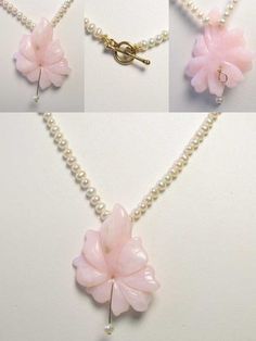 "LOVE GEMMY PINK PERUVIAN OPAL FLOWER Necklace! This is for one 16\" LOVELY Hand strung PINK PERUVIAN OPAL & Freshwater Pearl Necklace!! This natural pink Peruvian opal has been hand carved into a stunning flower and strung & knotted on silk thread for extra durability. PINK PERUVIAN OPAL speaks of the wonderful gentle side of the Divine Feminine. Opal is an overall chakra tuner! Get a boost to your pink energy with this unusual beauty! This necklace is finished with a vermeil toggle cla Pink Flower-shaped Necklaces For Mother's Day, Valentine's Day Pink Flower Pendant Necklace, Pink Flower Pendant Necklace For Valentine's Day, Delicate Pink Flower-shaped Necklace, Delicate Pink Flower Shaped Necklace, Pink Flower Shaped Necklace For Weddings, Pink Flower Pendant Necklace For Mother's Day, Mother's Day Pink Flower Pendant Necklace, Feminine Pink Flower Shaped Necklace