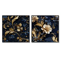 two blue and gold wall art pieces with flowers on the left side, one is black and