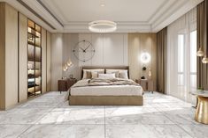 a bedroom with marble flooring and white walls, along with a large bed in the center