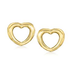 Ross-Simons - Italian 18kt Yellow Gold Heart Earrings. Sweeten up your style with these charming 18kt yellow gold heart earrings! Direct from Italy and boasting modern open space, this pair is perfect on its own or stacked up the ear with other small studs. Post/clutch, 18kt yellow gold heart earrings. Gold Heart Earrings, Gold Heart Earring, Fine Jewelery, Jewelry Essentials, Gold Heart, Heart Of Gold, Heart Earrings, Open Space, Jewelry Earrings