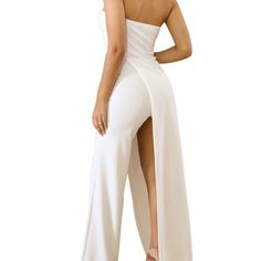 A Gorgeous Twist On The Classic Dressy Jumpsuit! White With One Open Leg And One Wide Bell Leg! Complete With A Sweetheart Neckline! Definite Head Turner! Material: 95%Polyester+5%Spandex Chic Strapless Jumpsuit For Summer, Chic Strapless Elastane Jumpsuit For Summer, Chic Summer Strapless Elastane Jumpsuit, Fitted Floor-length Strapless Jumpsuit For Party, Fitted Strapless Floor-length Jumpsuit For Party, Chic Strapless Maxi Dress In Elastane, Fitted Jumpsuit With Sweetheart Neckline For Date Night, Chic Fitted Maxi Length Jumpsuits And Rompers, Summer Strapless Elastane Jumpsuit