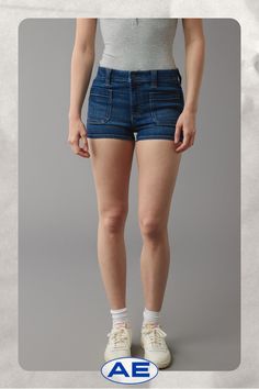 Next Level Stretch/Our softest, stretchiest, never-loses-its-shape denim/Won't bag out. Ever./Dark wash/Patch pockets/These shorts are Real Good: Made with the planet in mind & a promise to continue to do better. Do Better, Denim Short, High Waisted Shorts Denim, High Waisted Denim, Women's Jeans, Next Level, American Eagle Outfitters, American Eagle, Denim Shorts