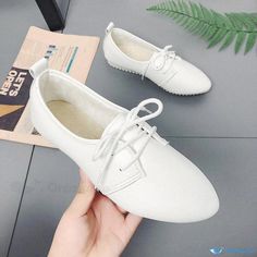 Orcajump - Stylish and Casual Pointed-toe Leather Flat Shoes with Lace-up Design Elegant Lace-up Synthetic Flats, Synthetic Round Toe Lace-up Shoes For Office, Synthetic Lace-up Shoes With Round Toe For Office, White Flat Heel Lace-up Office Shoes, Synthetic Lace-up Shoes For Office And Spring, Synthetic Lace-up Shoes For Office In Spring, Casual Faux Leather Closed Toe Lace-up Shoes, Casual Faux Leather Lace-up Shoes With Closed Toe, Casual White Flat Oxfords