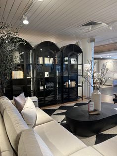 a living room filled with white furniture and black bookshelves next to a window