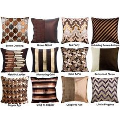 many different types of pillows with names on the front and back sides, all in various colors