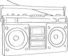 an old fashioned boombox with speakers on the front and side, hand drawn in black ink