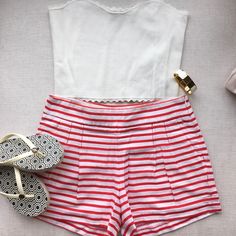 So Nautical And Cute! Pair With A White Tank And Flip Flops For The Perfect On The Go Put Together Look. -Bright Red And White Stripes -Pleated Front For Extra Detail -Size 2 -Brand New Never Worn Condition Red Short Tops For Beach, Red Short Tops For The Beach, Short Red Beach Tops, Red Short Tops For Day Out, Red Tops For Day Out, Nautical Tops For Beach In Summer, Nautical Beach Tops For Summer, Nautical Style Beach Tops For Summer, Red Short-sleeved Summer Tops