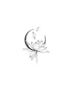 a black and white drawing of a lotus flower with the moon in the middle, on a white background