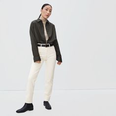 Slim Fit Sleek Pants For Fall, Sleek Slim Fit Pants For Fall, Trendy Fitted Pants With Straight Hem, Slim Fit Pants With Straight Hem For Fall, Slim Fit Straight Pants For Fall, Everlane Relaxed Fit Bottoms For Fall, Fall Everlane Relaxed Fit Bottoms, Slim Fit Straight Bottoms For Fall, Fitted Pants For Everyday Fall Wear