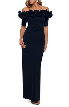 Make it an unforgettable night in this crepe gown featuring a ruffled off-the-shoulder neckline and a flirty back slit that allows you to move effortlessly. 55" center front length (size 8) Off-the-shoulder neck Elbow-length sleeves Back slit Partially lined 94% polyester, 6% spandex Dry clean Made in the USA or imported Women's Clothing Ruffled Gown, Knit Gown, Evening Dress Collection, Ruffle Gown, Sheath Gown, Mob Dresses, Long Sleeve Gown, Column Gown, Maxi Dress Evening