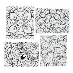 four coloring pages with different designs on them