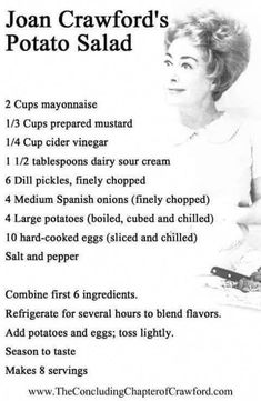 an advertisement for joan crawford's potato salad with instructions to make it