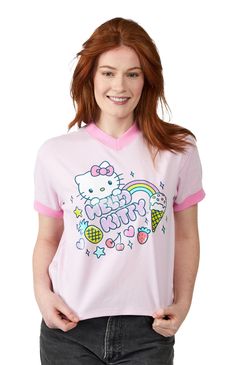 Radiate joy in this women's cradle pink Hello Kitty v-neck short sleeve t-shirt. Pink contrast hems frame an enchanting scene of Hello Kitty surrounded by a rainbow, ice cream cone, strawberries, hearts, and stars, all on purple letters spelling her name. Crafted from 60% cotton, 35% polyester, and 5% spandex, this tee combines comfort and style effortlessly. Machine washable for easy care, this officially licensed shirt is a whimsical addition to your wardrobe.Short sleevesV-necklineCustom graphicRegular fit100% cottonMachine washable PacSun Womens Hello Kitty Sweet Treats V-Neck T-Shirt - Pink size Medium Spring Pink T-shirt With Hello Kitty Print, Pink V-neck Graphic Tee, Pink V-neck Graphic Tee Top, Cute V-neck Top With Graphic Print, Pink Hello Kitty Print T-shirt For Spring, Cute V-neck T-shirt For Spring, Pink Short Sleeve Top With Hello Kitty Print, Hello Kitty Print Short Sleeve T-shirt For Summer, Cute Pink V-neck Top