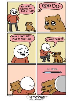 comic strip with an image of a dog and man talking to each other about bad things