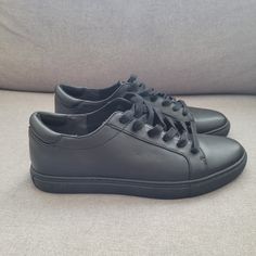 Black Leather, Size 7.5, Brand New, Never Worn Low-top Faux Leather Sneakers With Rubber Sole, Black Leather Footbed Slip-on Sneakers, Classic Black Sneakers With Leather Footbed, Black Leather Sneakers With Leather Footbed, Black Plain Toe Sneakers With Leather Footbed, Black Synthetic Sneakers For Everyday, Black Everyday Sneakers With Round Toe, Sporty Black Sneakers With Leather Footbed, Everyday Black Leather Sneakers