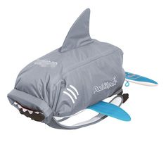 a gray bag with a shark design on it and two surfboards attached to the back