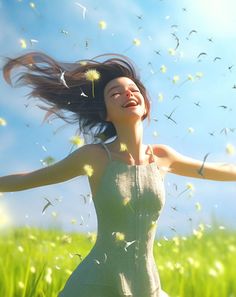 a woman in a field with dandelions flying through the air and her hair blowing in the wind