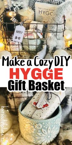 You'll love this easy homemade hygge gift basket for women whether you're looking for fall ideas, Christmas, her birthday, or just because. Make it as small or big as you want! Diy Cozy Gift Basket, Hygge Christmas Gift Basket, Diy Hygge Gift, Cozy Gift Box Ideas, How To Make Gift Baskets Diy, Cozy Christmas Basket Gift Ideas, Comfy Cozy Gift Basket Ideas, Small Christmas Gift Basket Ideas, Cozy Themed Gift Basket