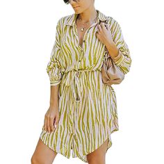 Yellow Striped Tie Waist Long Sleeve Shirt Dress Striped Long Sleeve Relaxed Fit Dress, Striped Long Sleeve Dress With Relaxed Fit, Fitted Long Sleeve Shirt Dress For Vacation, Casual Long Sleeve Striped Mini Dress, Casual Long Sleeve Mini Dress For Summer, Striped Shirt Dress For Summer Day Out, Casual Striped Long Sleeve Shirt Dress, Chic Striped Shirt Dress For Vacation, Green Relaxed Fit Long Sleeve Shirt Dress