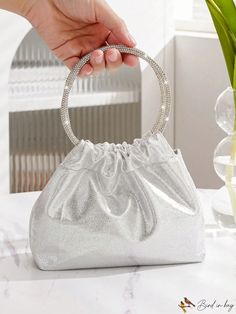 Color: Silver Silver Evening Bag With Detachable Handle For Wedding, Silver Handheld Bag With Pearl Handle, Handheld Silver Bag With Pearl Handle, Silver Evening Bag With Pearl Handle, Perfect Bride, Novelty Bags, Rhinestone Decor, Word Wrap, Prom Party