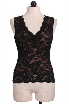 Black Sleeveless Delicate Lace Top, Elegant Sleeveless Lace Top With Built-in Bra, Sleeveless Lace Top With Delicate Detailing, Elegant Stretch Lace Top With Built-in Bra, Stretch Sleeveless Lace Top With Delicate Lace, Fitted Sleeveless Tank Top With Delicate Lace, Stretch Sleeveless Lace Top With Delicate Detail, Lace Stretch Camisole Tank Top, Stretch Lace Camisole Tank Top