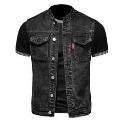 Men's Black Denim Vest with Two Chest Pockets – Biker Forward Denim Vest Men, Cowboy Vest, Black Denim Vest, Jean Jacket Men, Retro Jeans, Estilo Punk, Motorcycle Style, Layering Outfits, Motorcycle Outfit