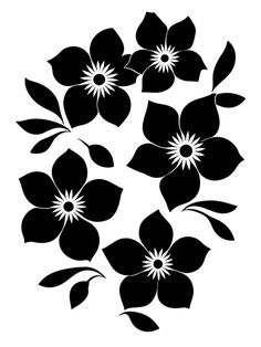 black and white flower silhouettes on a white background, with the center surrounded by leaves