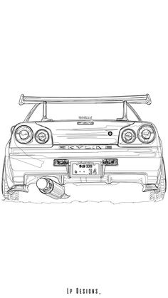 the back end of a car in black and white with an outline drawing underneath it