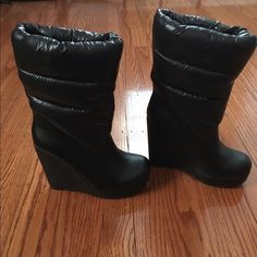 Selling this Wedge boots in my Poshmark closet! My username is: avidshopper10. #shopmycloset #poshmark #fashion #shopping #style #forsale #Shoes High Ankle Synthetic Wedge Boots For Fall, Synthetic High Ankle Wedge Boots For Fall, Trendy Medium Width Wedge Boots For Winter, Trendy Medium Width Winter Wedge Boots, Edgy Winter Platform Boots With Padded Ankle, Black Ankle Wedge Boots For Winter, Fitted Winter Wedge Boots With Round Toe, Fitted Round Toe Wedge Boots For Winter, Winter Synthetic Wedge Boots With Round Toe