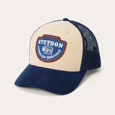 This classic trucker cap features an embroidered STETSON logo patch that honors our history and American heritage. Crafted with a rugged brushed canvas front, it has a mesh back for breathability and ventilation, a gently curved bill and a classic snap back closure to ensure a secure, adjustable fit. Truckers throughout the 20th-century wore caps branded with their company’s logo — by the ‘70s, they had evolved into the hat we know and appreciate today. Practical, proud, and pure Americana, the Cotton Trucker Hat With Logo Patch, Vintage Trucker Hat With Logo Patch And Curved Bill, Trucker Baseball Cap With Letter Patch For Outdoor, Outdoor Trucker Baseball Cap With Letter Patch, Outdoor Trucker Hat With Letter Patch And Curved Brim, Cotton Trucker Snapback Hat With Curved Visor, Outdoor Hat With Logo Patch And Curved Visor, Curved Visor Hat With Logo Patch For Outdoor, Retro Trucker Hat With Logo Patch And Curved Bill