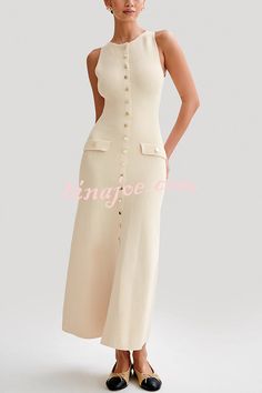 Chic Sleeveless Maxi Dress With Button Closure, Fitted Sleeveless Maxi Dress With Buttons, Casual Sleeveless Maxi Dress With Button Closure, White Sleeveless Maxi Dress With Button Closure, Sleeveless Beige Midi Dress With Button Closure, Beige Sleeveless Midi Dress With Button Closure, Beige Sleeveless Midi Dress With Buttons, Knitted Maxi Dress, Hawaiian Style