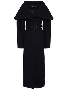 Concealed closure. Includes matching adjustable buckle belt. Center back vent. Two side pockets. Model is wearing a size34 Long Coat Aesthetic, Solstice Wedding, Long Cape Coat, Elegant Fashion Outfits, Long Black Sweater, Classy Coat, Wool Long Coat, Dressy Hats, Winter Coat Dress