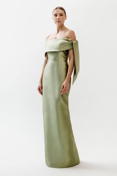 Off Shoulder Draped Tie Gown Silk Gown Evening Dresses, Bridesmaid Gown Elegant, Colour Sage Green, Off Shoulder Bridesmaid Dress, Gowns Elegant, Sage Green Dress, Gown Suit, Dress Code Wedding, Off Shoulder Gown