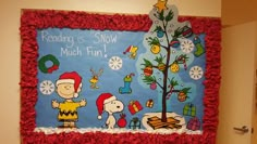 a bulletin board with peanuts on it and a christmas tree in the middle, reading is snow much fun