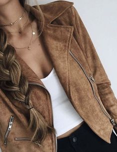 Step up your jacket game with a super-fab, moto-inspired number crafted from buttery-soft suede and equipped with edgy details. #jacket #ad #womensfashion Fall Fashion Coats, Mode Shoes, Brown Jacket, Outfit Casual, Fall Winter Outfits, Womens Fashion Trends, Look Chic, Outfits Casuales, Jacket Outfits