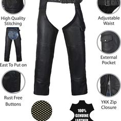 New Hwk Motorcycle Leather Chaps Pants Biker Cowboy Riding Racing Black Genuine 36 Waist Buckle Closure 100% Genuine Leather Motorcycle Leather Chaps For Men , Hwk Biker Chaps Men Offers Complete Road Protection With 1.1mm - 1.2mm Thick Premium Leather Motorcycle Pants. Original Ykk Zippers & Rust-Free Buttons Will Let This Mens Leather Pants For Men Should Serve For You A Lifetime. Adjustable Waist & Inseam Length Makes These Leather Motorcycle Chaps For Men Comfortable For Long Hours Of Motorc Fitted Moto Bottoms For Motorcycling, Fitted Moto Bottoms With Pockets, Fitted Straight Leg Motorcycle Bottoms, Fitted Motorcycle Pants With Pockets, Fitted Motorcycling Pants With Pockets, Black Leather Moto Bottoms, Fitted Moto Pants With Pockets, Fitted Straight Leg Motorcycling Pants, Casual Black Motorcycle Bottoms