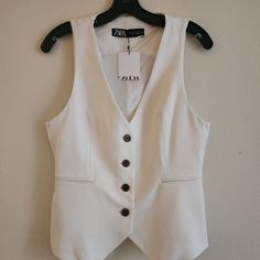 Zara Tailored Waistcoat / Vest Ecru Bnwt White Fitted Sleeveless Blazer, Classic White Workwear Vest, Classic White Work Vest, White Formal Vest For Spring, White Vest Outerwear For Spring, White Fall Vest Outerwear, Classic White Vest For Fall, Sleeveless Beige Blazer For Spring, White Formal Vest For Fall