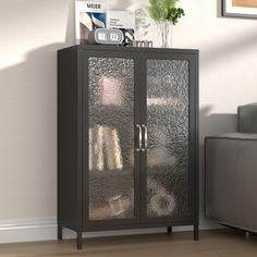 a black cabinet with frosted glass doors in a room next to a gray couch