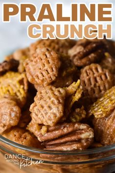 a close up of a bowl of food with the words praline crunch on it