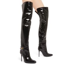 These pointed-toe thigh-high boots, crafted from patent-effect black synthetic fabric, feature a golden metal buckle strap at the ankle and are complete with matching covered stiletto heels. Thigh High Boots, Synthetic Fabric, Thigh High, Metal Buckles, Thigh Highs, Giuseppe Zanotti, High Boots, Stiletto Heels, Fashion Shoes