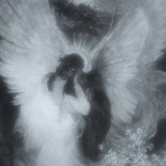 black and white photograph of an angel in the midst of darkness with its wings spread