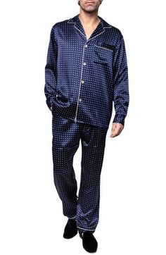 Lightweight and comfortable, these pajamas cut from machine-washable silk make a great choice for sleepy night, lazy days and reading by the fire. Top has notched lapels; long sleeves 100% silk Machine wash, dry flat Imported Night Suit, Contrast Piping, Lazy Days, Silk Pajamas, Polka Dot Print, Drawstring Pants, The Fire, Pajama Set, Casual Button Down Shirt