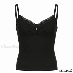 Olivia Mark - Chic Solid Colored Low-Cut Lace Trimmed Camisole with Backless Design and Figure-Flattering Cut Backless Cami Top, Black Cami Top, Lace Cami Top, Looks Black, Lace Hem, Lace Cami, Lace Panelled, Grunge Fashion, Cami Top