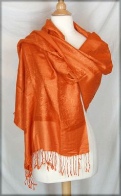 Pashmina. Super soft.  Orange paisley jacquard. 28" x 76", not including fringe. New.  No paper tags. Orange Shawl Scarves For Winter, Orange Winter Shawl Scarf, Orange Shawl, Modele Hijab, Orange Scarf, Soft Orange, Pashmina Shawl, Shawl Scarf, Fit Ideas