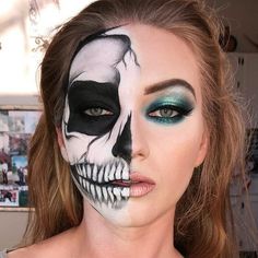 Half Skull Makeup Halloween, Halloween Makeup Half Face, Skeleton Makeup Half Face, Half Skull Face Makeup, Pretty Skeleton Makeup, Half Skeleton Makeup, Skeleton Makeup Ideas