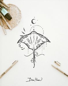 a pen and ink drawing of an umbrella with the moon in the sky above it