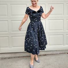 Black/Off-White Polka Dot 1950's Vintage Dress From Jerry Gilden. Probably Cotton Or Blend. Shown Without A Crinoline, Would Be Great With A Crinoline As You Can See In The Pictures, The Skirt Is Very Full. Kind Of A 'Sweetheart' Neckline With Black Velvet Bow Accent On The Bust. Back Metal Zip Closure. I Usually Wear About A U.S. Size 4, And This Was A Pretty Good Fit! Please Compare The Measurements Below With A Dress You Have That Fits Well. Overall Excellent Condition, The Last Two Pictures Show A Loosened Dart On The Back Hip, And A Couple Of Pinholes I Found... Neither Are Noticeable In Normal Wearing Distance Nor Detract From The Overall Beauty Of This Dress! Actual Garment Measur 1950 Vintage Dresses, Black Velvet Bow, Velvet Bow, 1950s Vintage, Polka Dot Dress, Vintage Dress, Dot Dress, Pretty Good, White Polka Dot