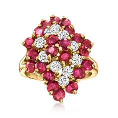 Ross-Simons - C. 1980 Vintage 2.20ct t. w. Ruby, .70ct t. w. Diamond Cluster Ring Size 5. C. 1980. Forming a dazzling swirl of cinnamon-red sparkle, our Estate collection ring shimmers with a classic cascade of 2.20 ct. t. w. round rubies and icy .70 ct. t. w. round brilliant-cut diamonds in polished 14kt yellow gold. 7/8" wide. Diamond and ruby cluster ring. Exclusive, one-of-a-kind Estate Jewelry. Ruby birthstones are the perfect gift for July birthdays. Fine Jewelry Ruby Cluster Ring With Brilliant Cut, Cluster Ruby Ring Fine Jewelry, Classic Multi-stone Cluster Diamond Ring, Classic Cluster Multi-stone Diamond Ring, Classic Multi-stone Cluster Ruby Ring, Cinnamon Red, Jewelry Ruby, Antique Jewelry Rings, Ruby Birthstone